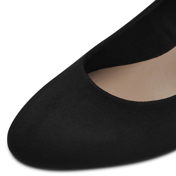 Close-up of the black textile Tamaris court shoe showing the textured textile upper, edge trim and heel.