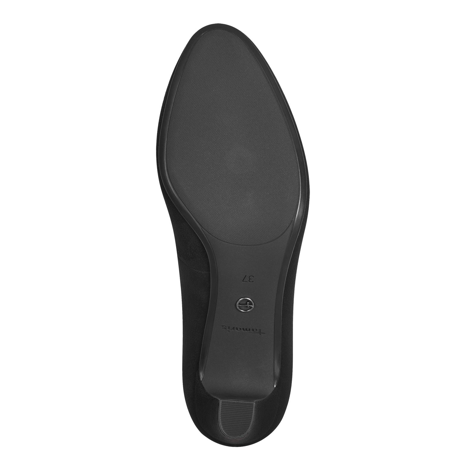 Underside of the black textile Tamaris court shoe showing the sole and tread pattern.
