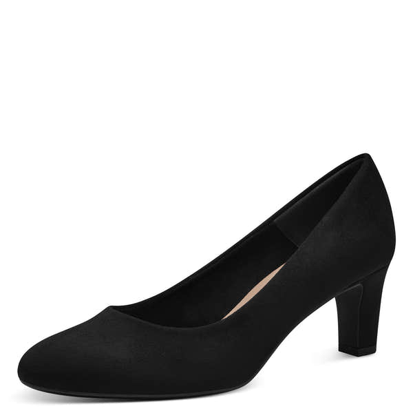 Tamaris women's black textile court shoe, front three-quarter view.