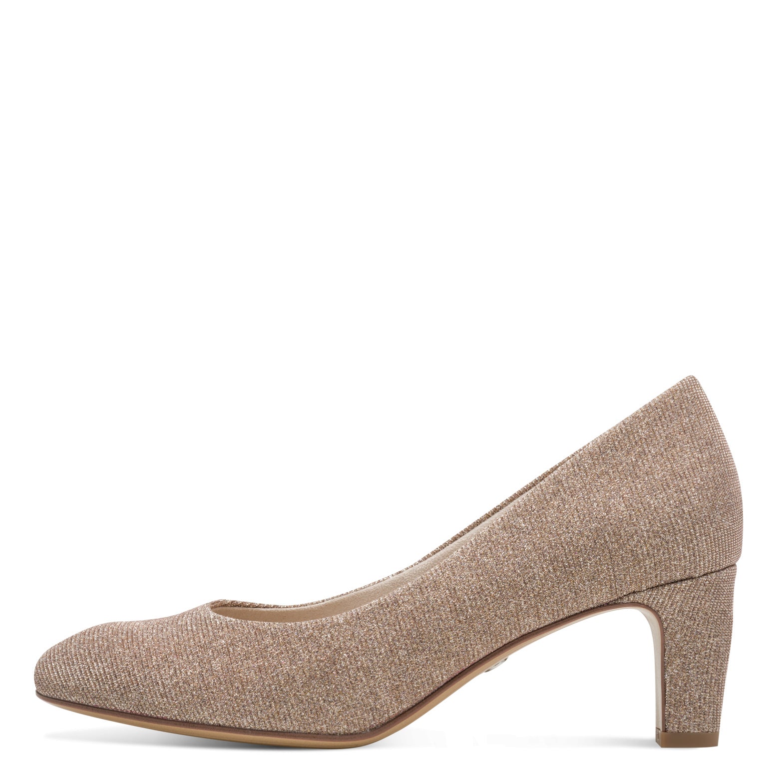 Outer side of the rose gold textile Tamaris court shoe showing the textured textile upper and heel.