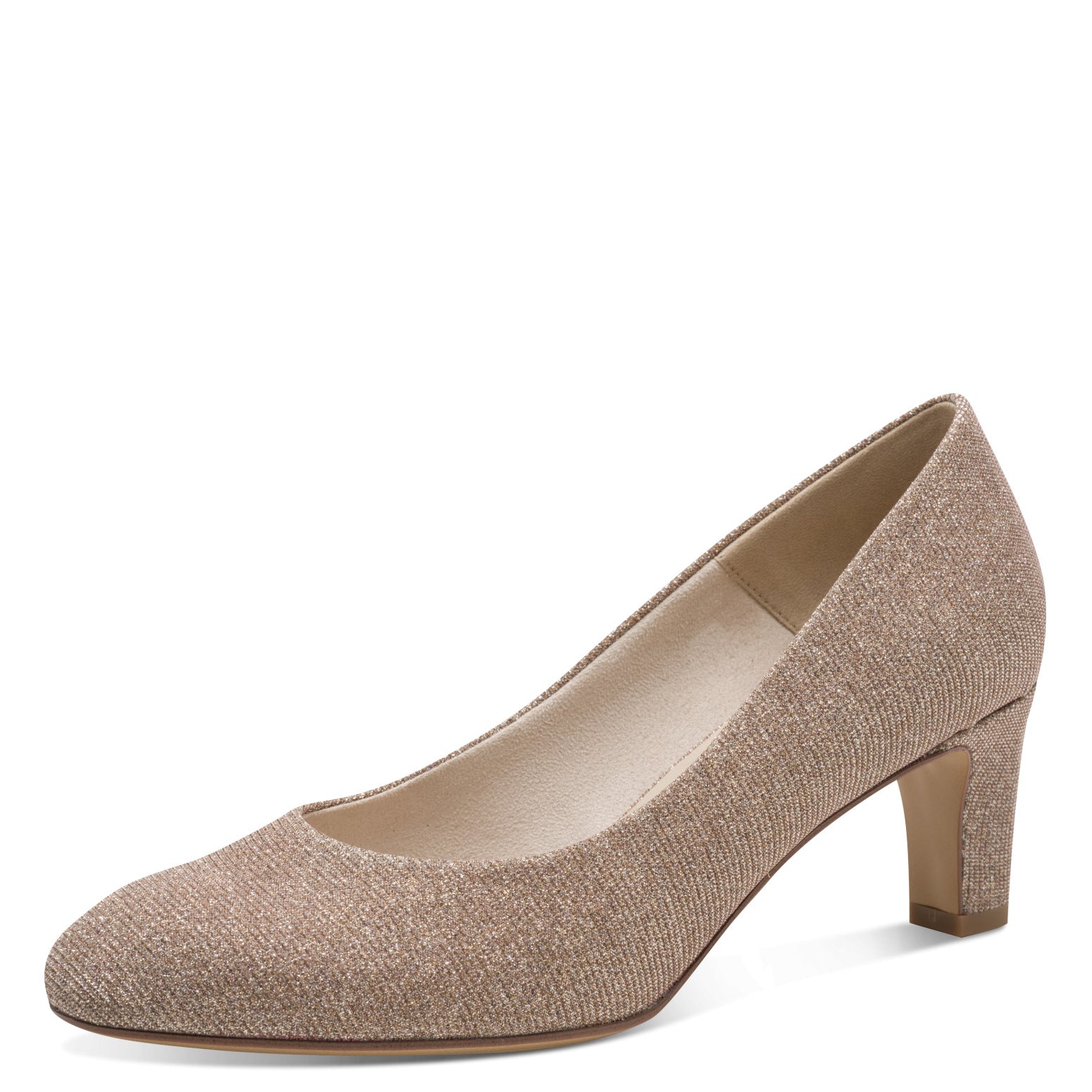 Tamaris women's rose gold textile court shoe, front three-quarter view.