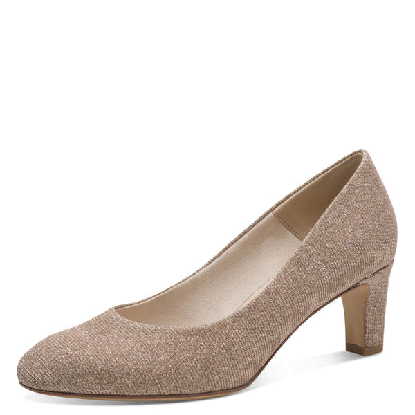 Tamaris women's rose gold textile court shoe, front three-quarter view.