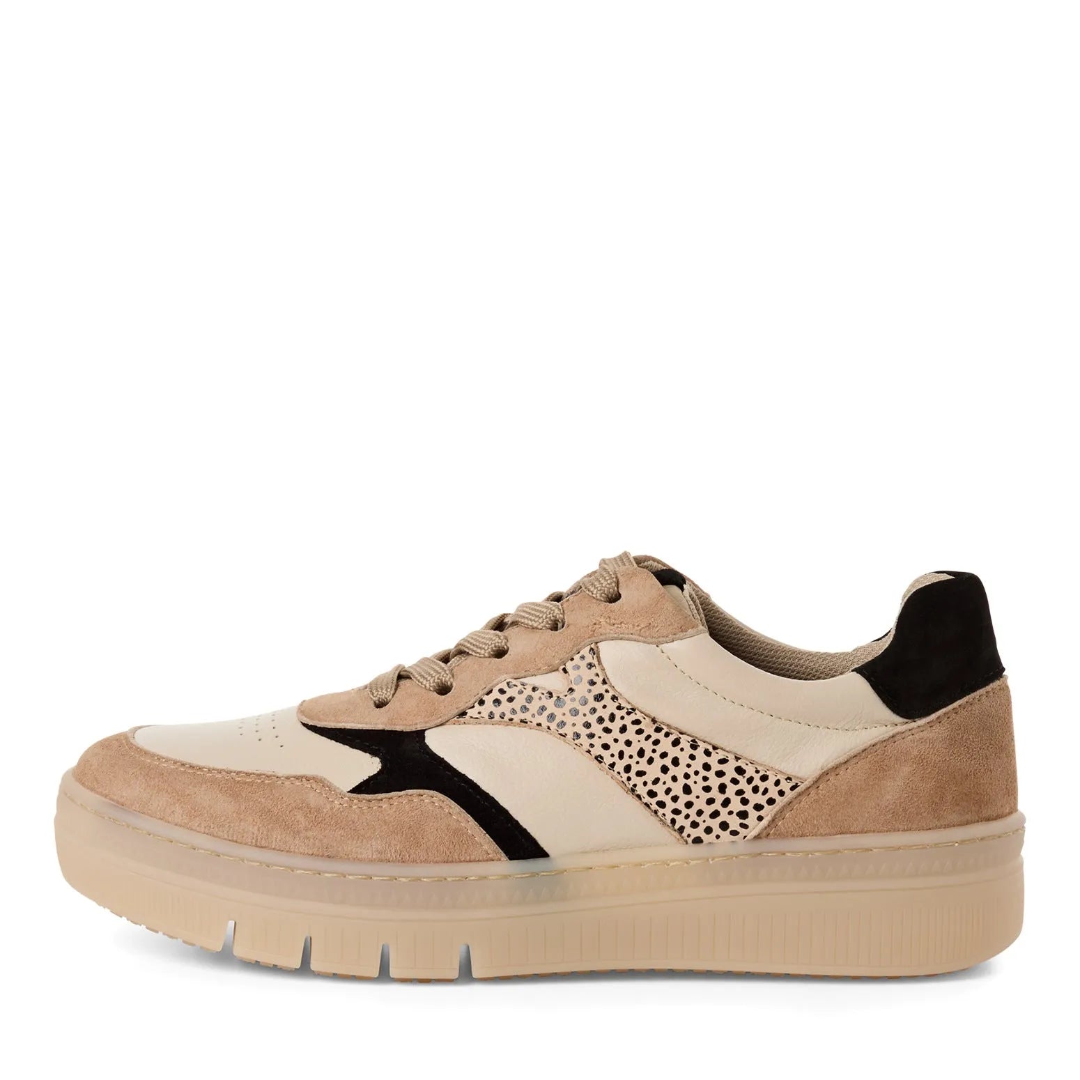 Tamaris beige and black lace-up leather women's shoes with perforated and suede accents, chunky sole.