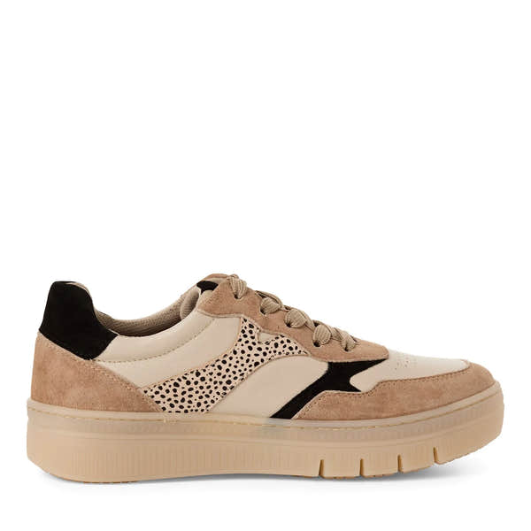 Tamaris beige and black lace-up women's shoes with leather, suede, and patterned panels, chunky sole, and mixed materials.