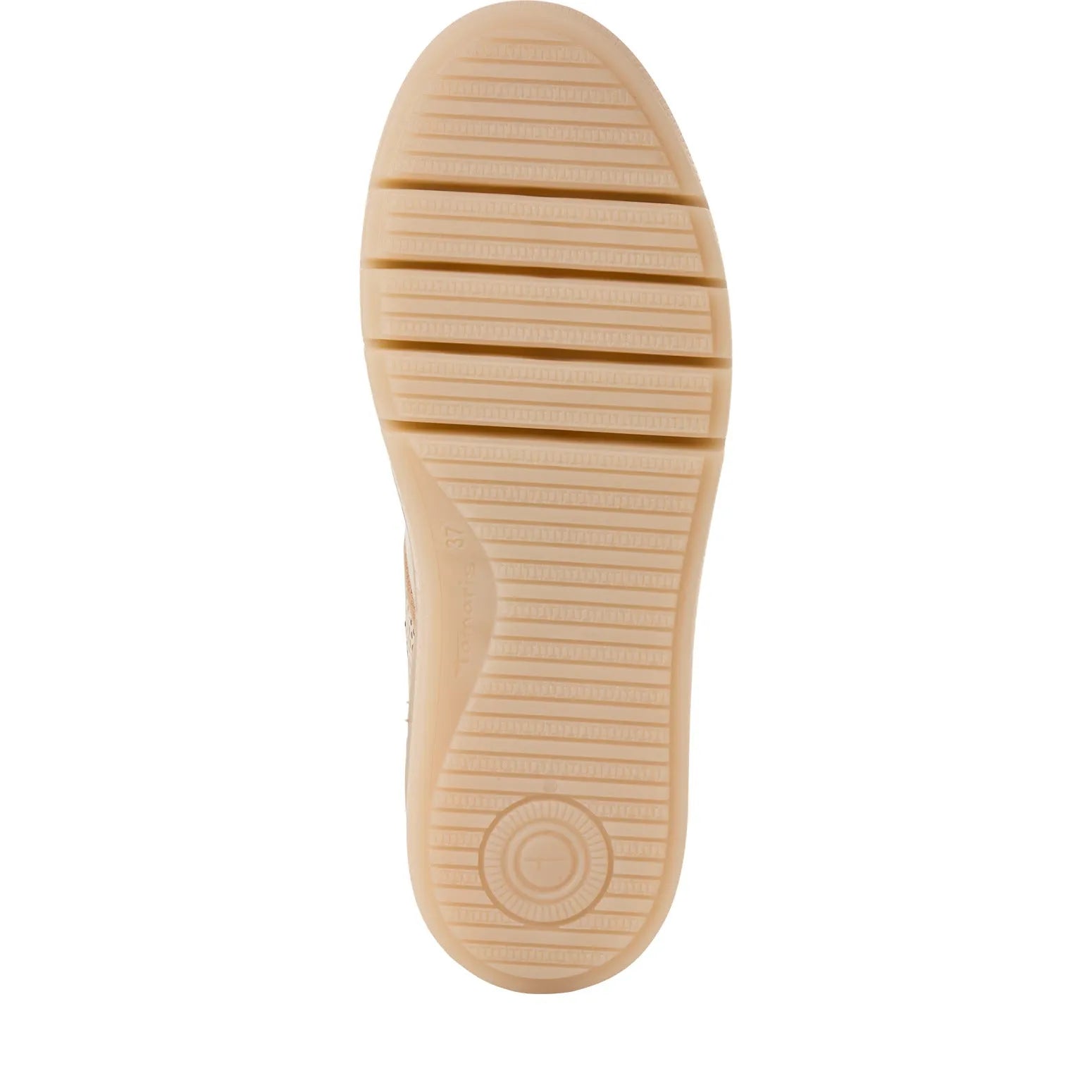 Beige leather lace-up women's shoe with a textured sole, featuring horizontal grooves and a circular grip area.