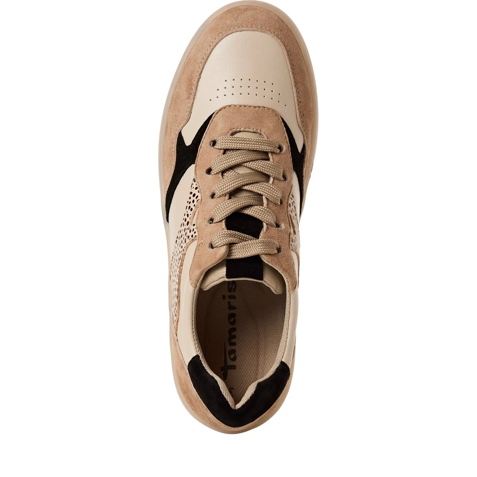 Beige leather lace-up shoes with black accents and perforated details, designed by Tamaris, in a casual modern style.
