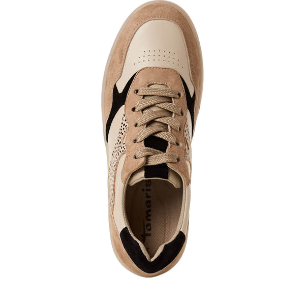 Beige leather lace-up shoes with black accents and perforated details, designed by Tamaris, in a casual modern style.