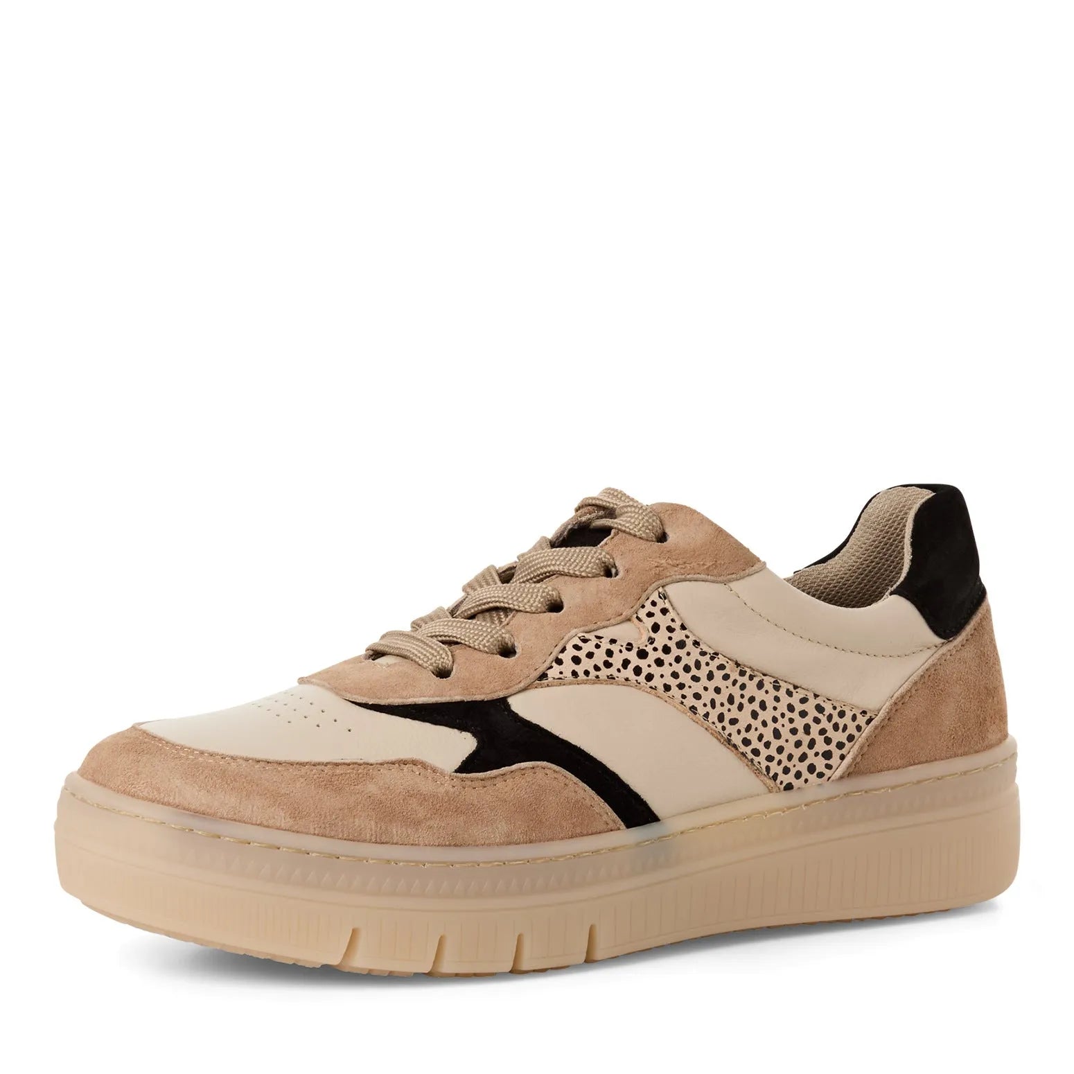 Tamaris beige and black lace-up women's sneakers with leather, suede, and spotted details, featuring a chunky sole.