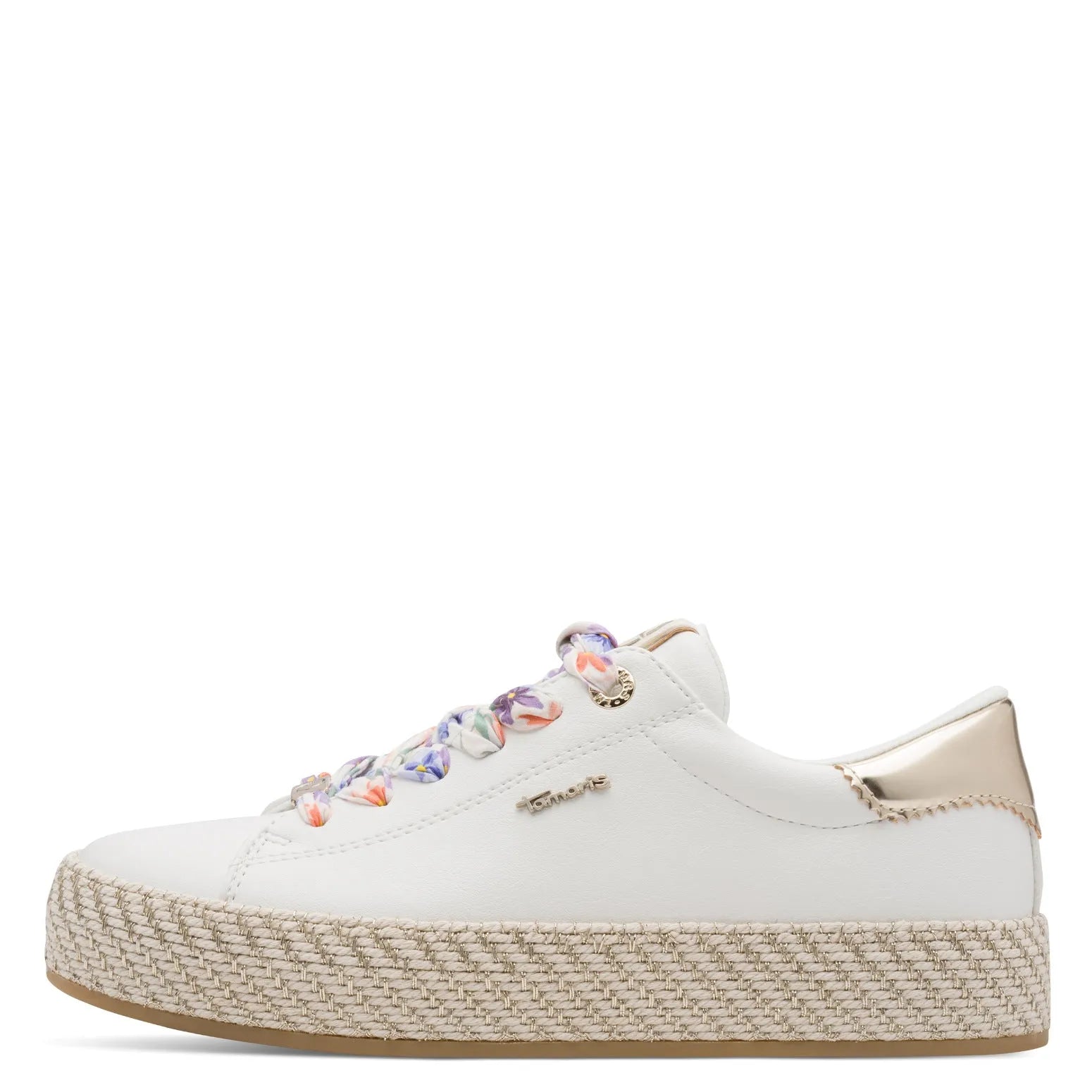 White lace-up sneakers with floral-patterned laces, gold accents, and a woven platform sole.