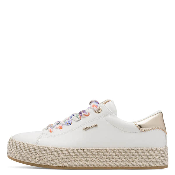 White lace-up sneakers with floral-patterned laces, gold accents, and a woven platform sole.