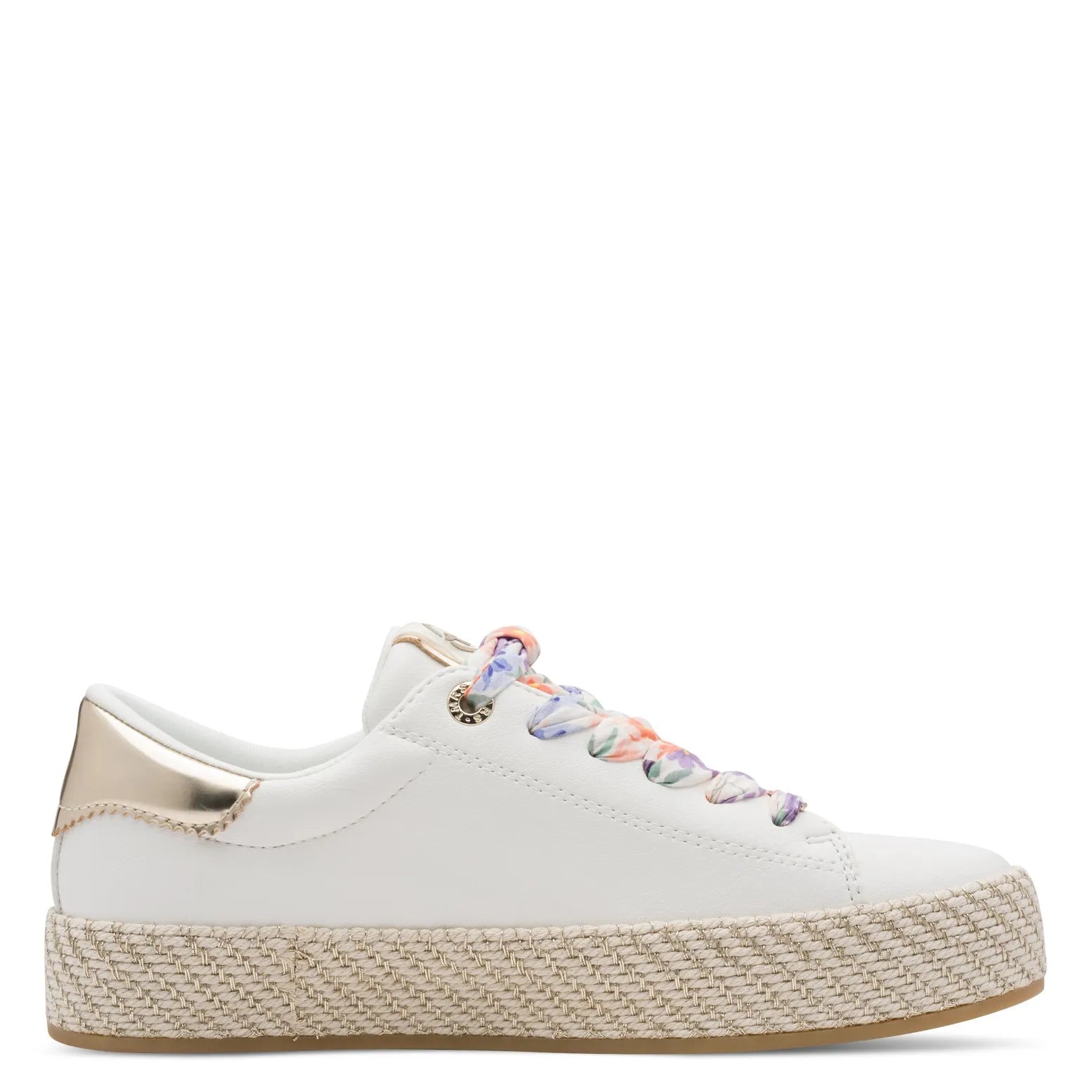 White lace-up shoes with gold heel detail, floral-patterned laces, and a woven espadrille-style sole.
