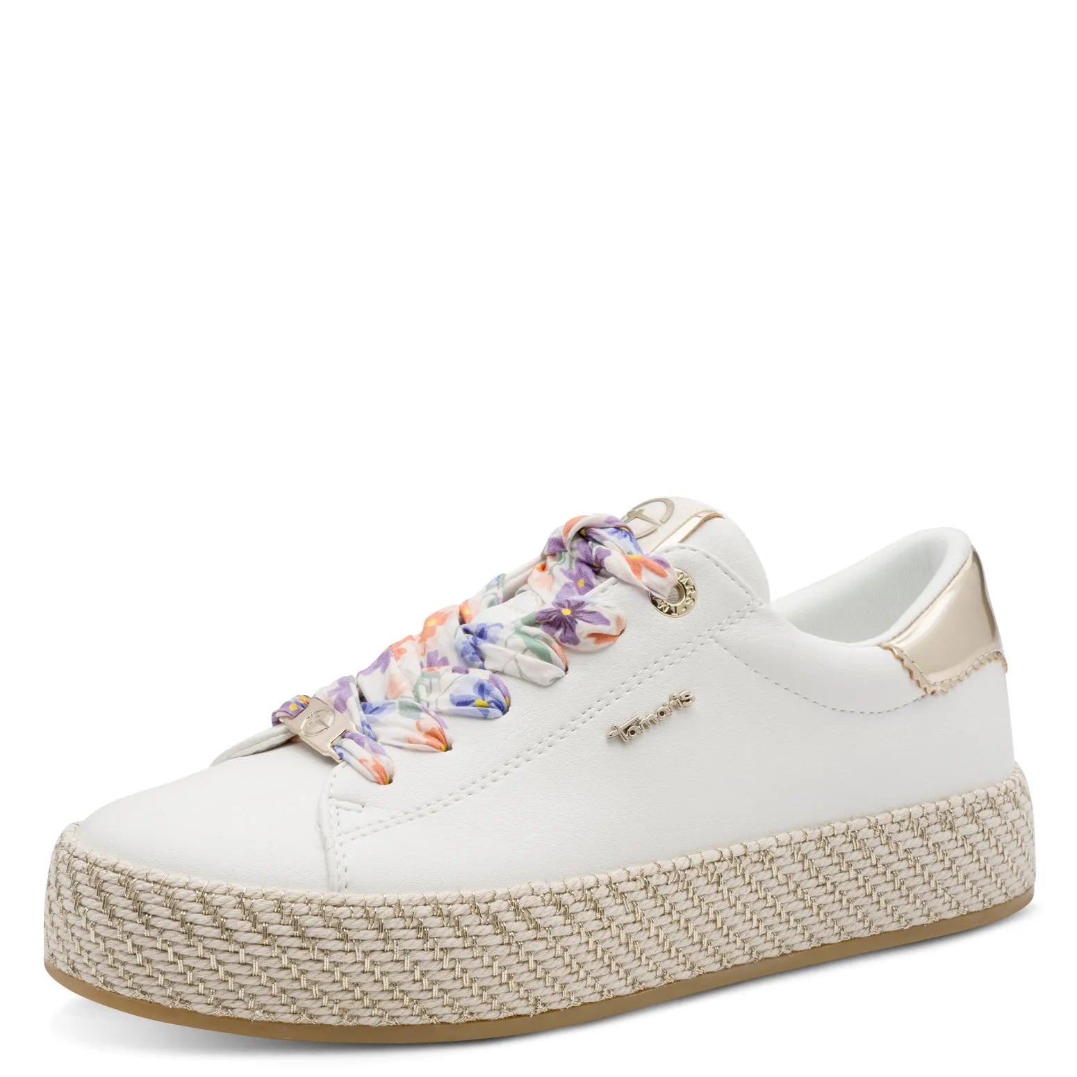 White leather lace-up shoes with floral-patterned laces, metallic accents, and woven platform sole.