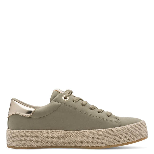 Tamaris women's sage lace-up shoes with a platform woven jute sole and metallic accents, stylish and comfortable footwear.