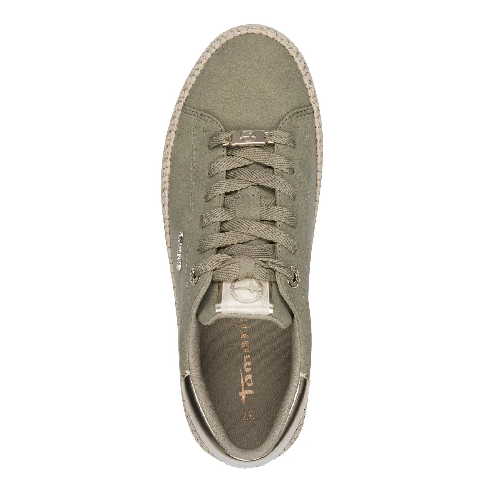 Tamaris ladies sage lace-up sneakers with silver accents and beige laces, stylish casual footwear for women.