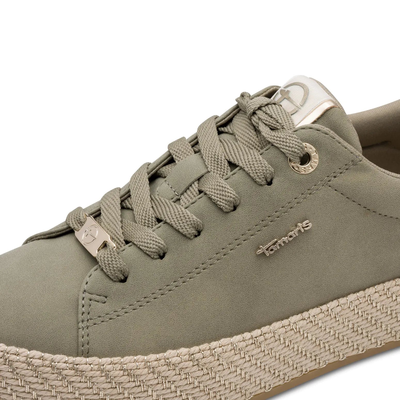 Ladies Tamaris sage lace-up sneakers with woven textured sole and metallic logo accents.