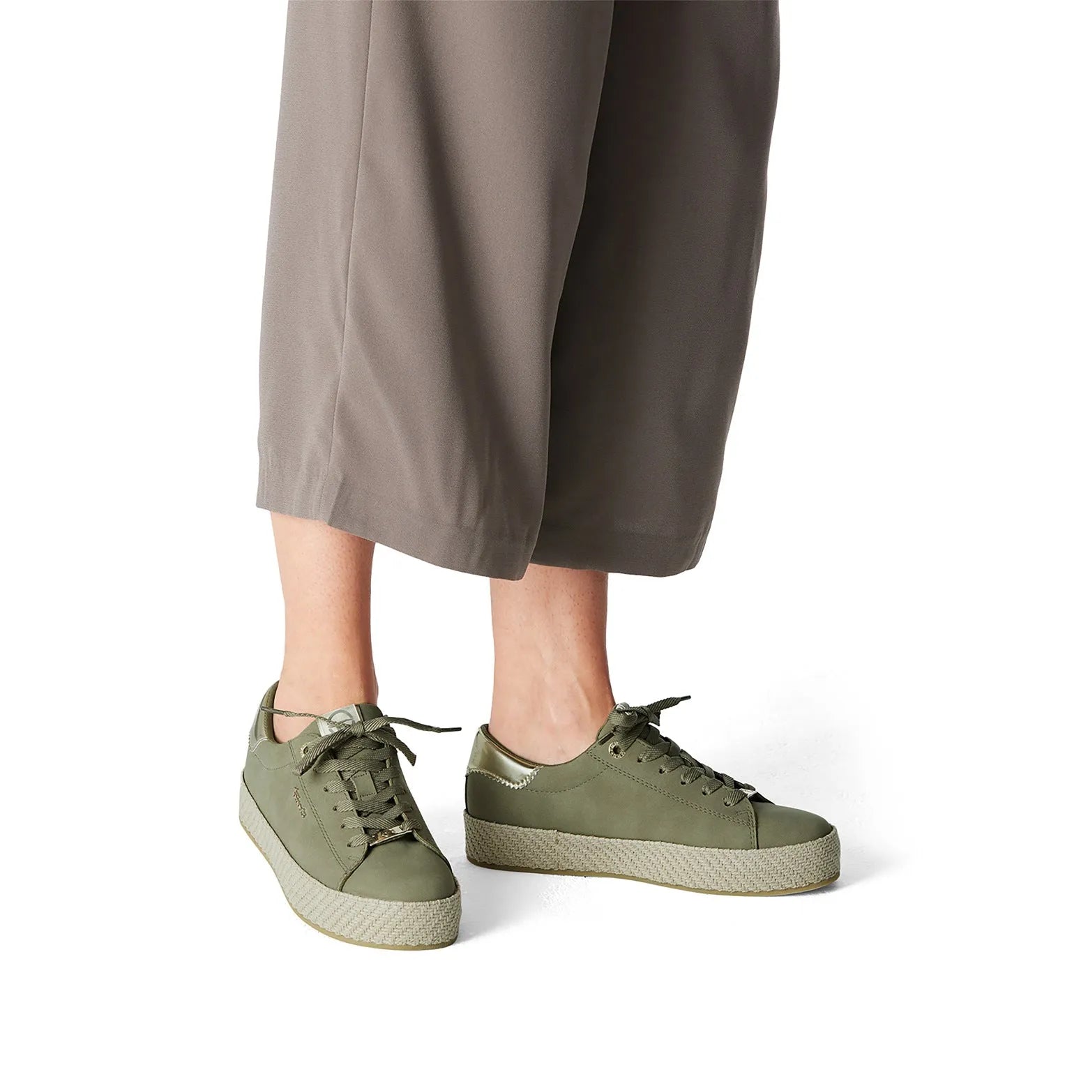Tamaris 1-23713-42 771 women’s sage lace-up sneakers with platform sole and metallic accents.