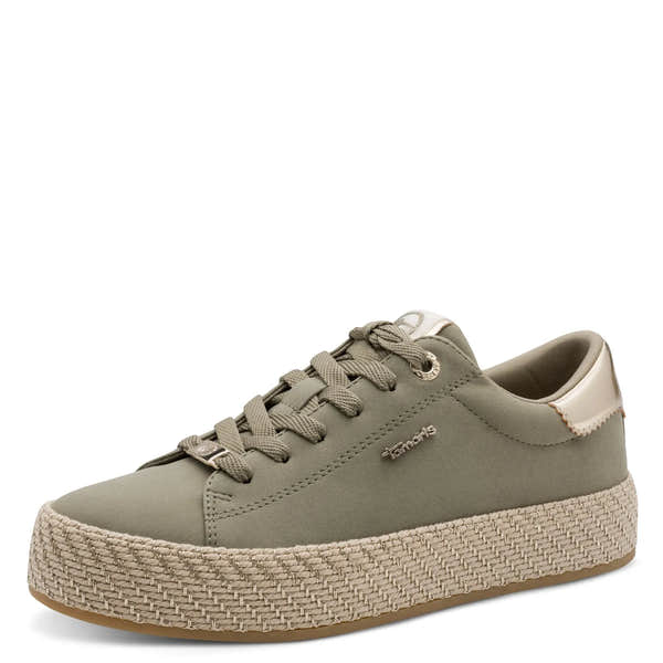 Tamaris women's sage lace-up sneakers with woven platform sole and metallic accents, stylish and comfortable footwear.