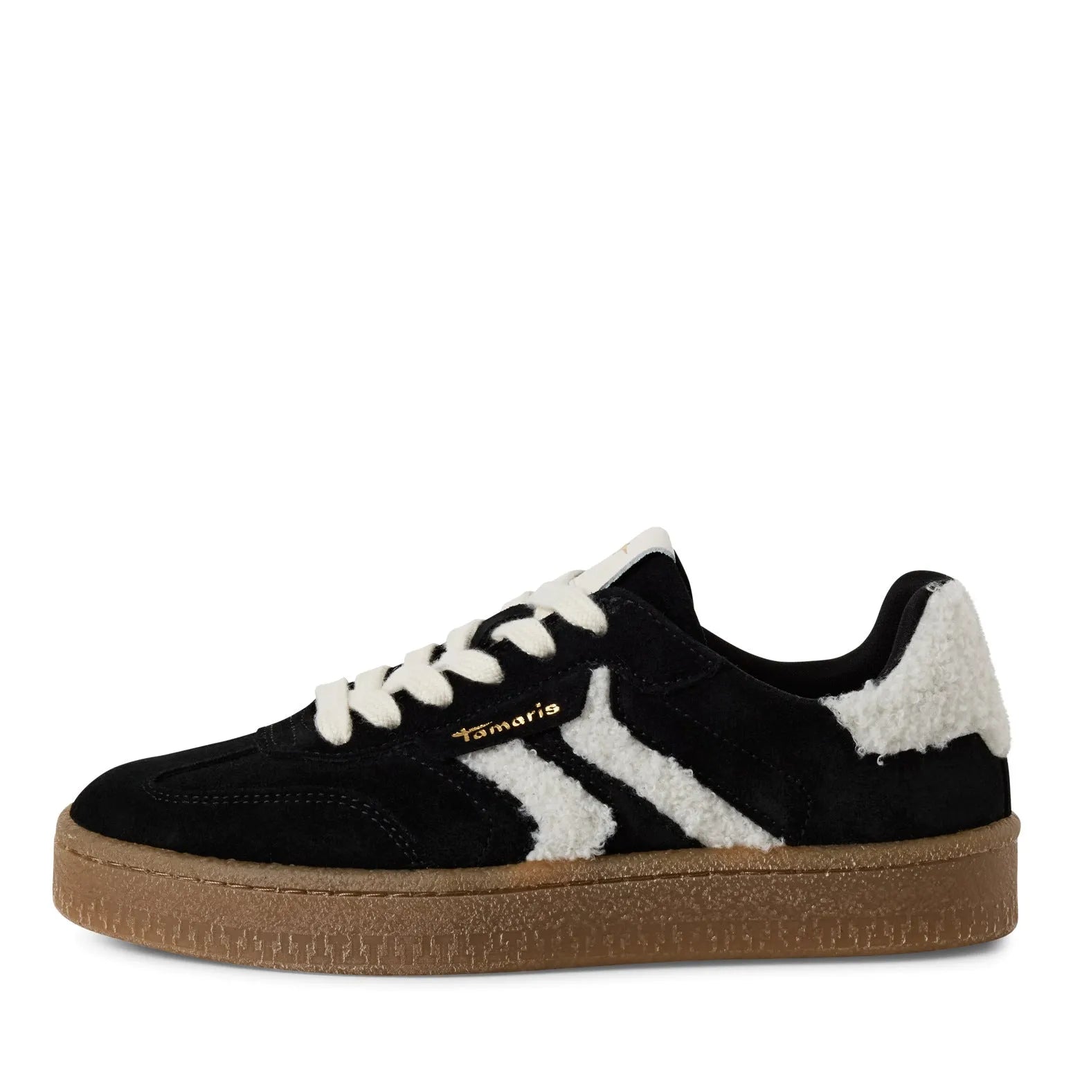 Tamaris women's black and white lace-up trainers with fur detail, leather and textile upper, and a gum sole.