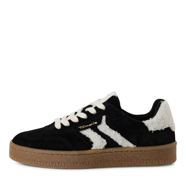 Tamaris women's black and white lace-up trainers with fur detail, leather and textile upper, and a gum sole.