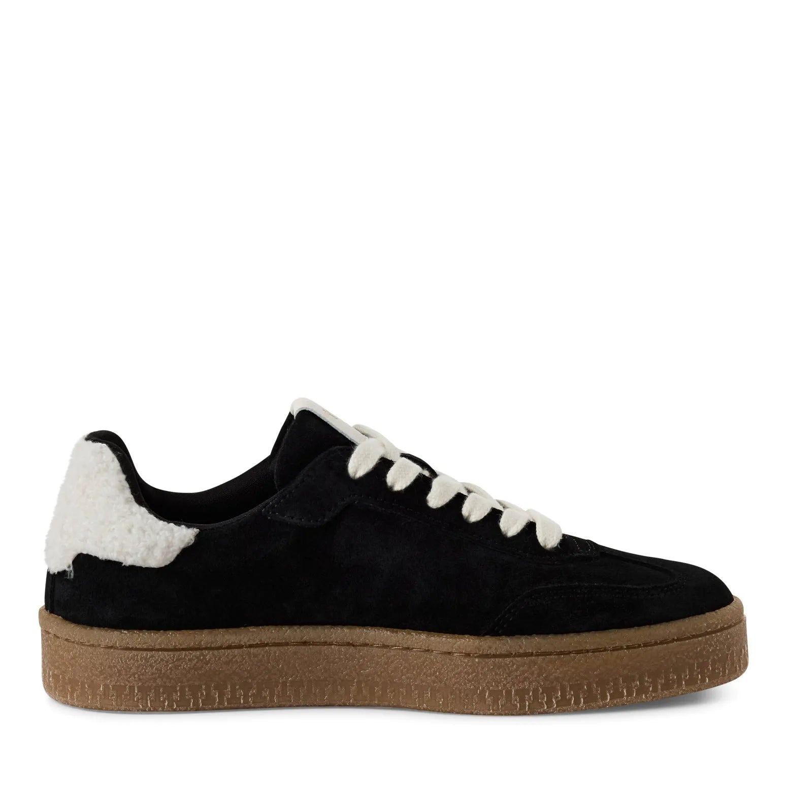 Tamaris ladies black and white lace-up trainers with faux fur detail, leather and textile upper, and chunky gum sole.