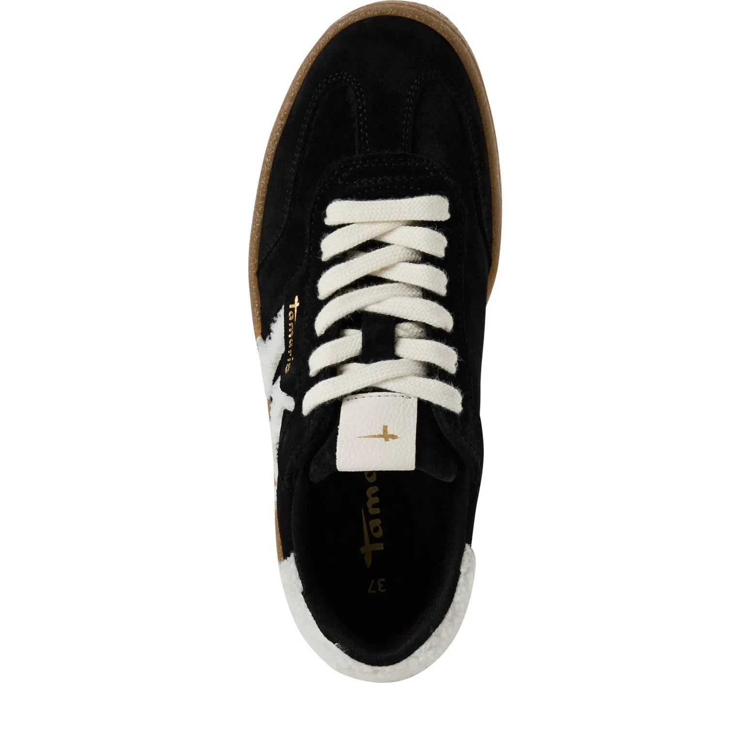 Tamaris women's black and white lace-up trainers with fur detail, leather and textile upper, and brown rubber sole.