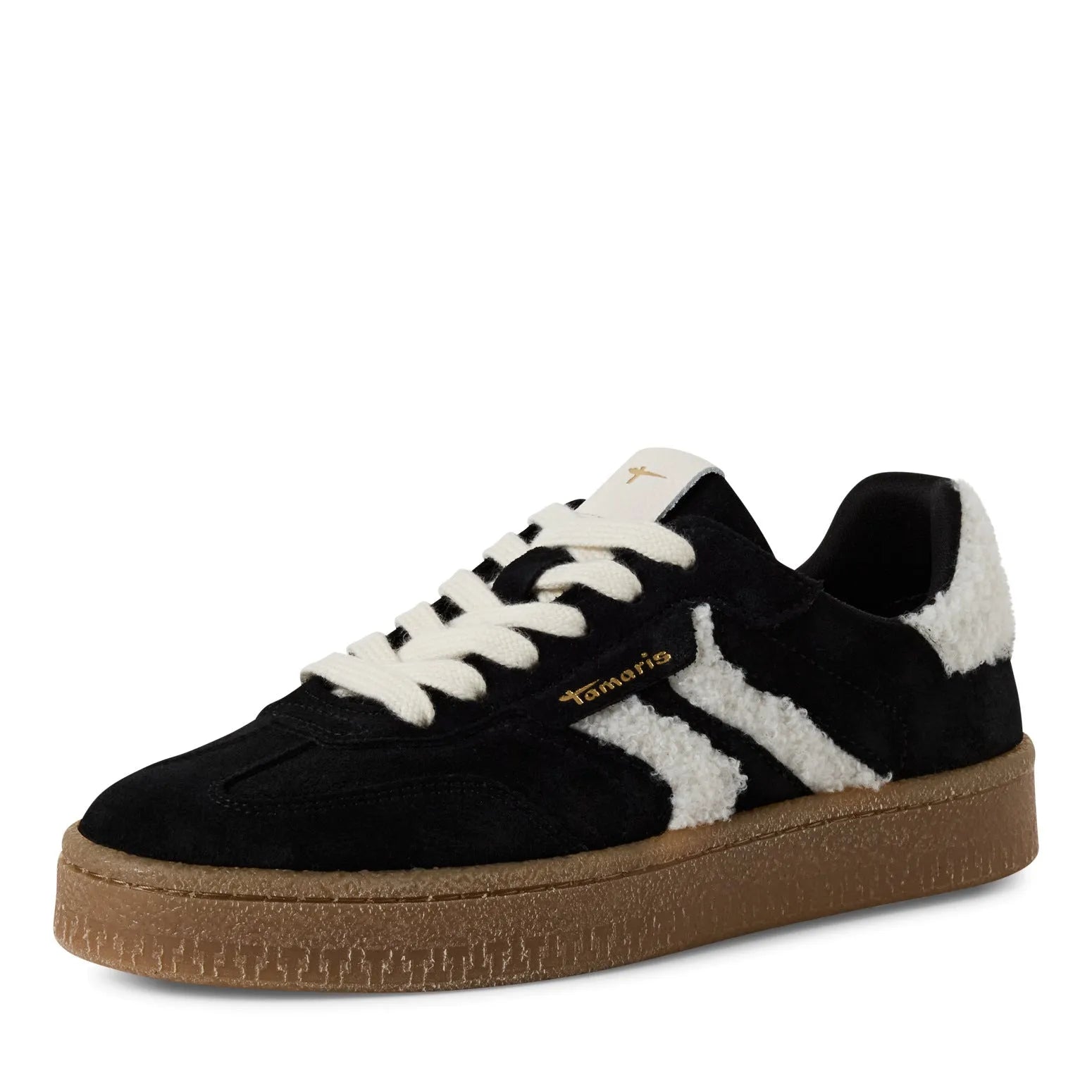 Tamaris ladies black and white lace-up trainers with fur accents, leather and textile upper, gum sole, and gold branding.