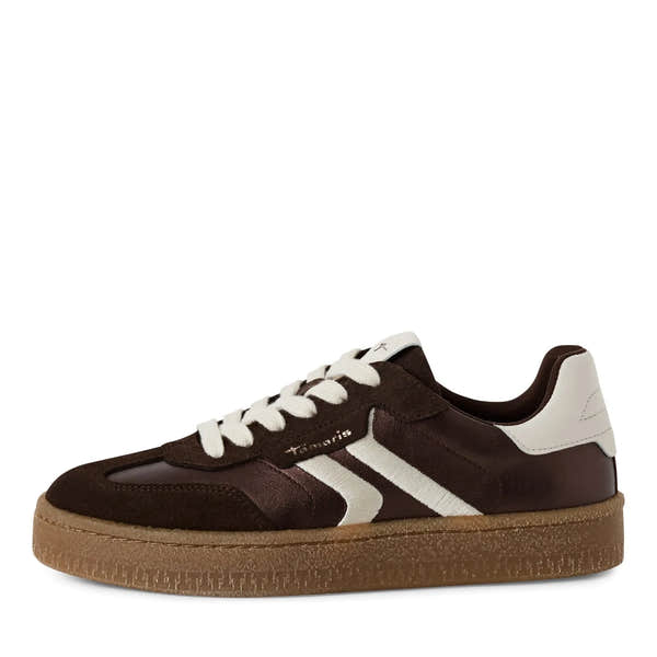Tamaris ladies brown metallic leather lace-up trainers with white accents and a textured gum sole.