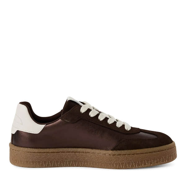 Tamaris women's brown metallic leather lace-up trainers with white accents and a chunky gum sole.