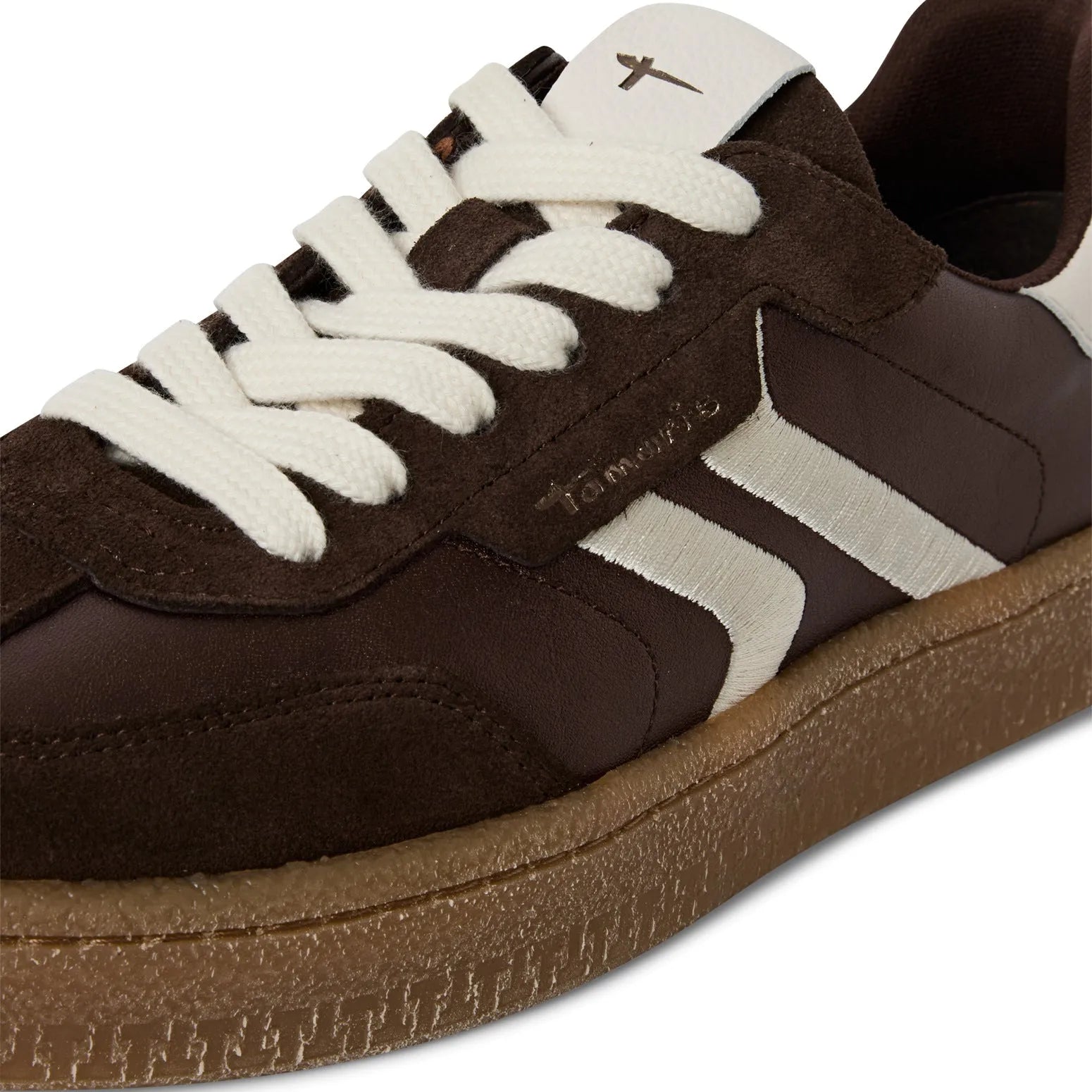 Tamaris women's brown metallic leather lace-up trainers with suede accents and gum sole.