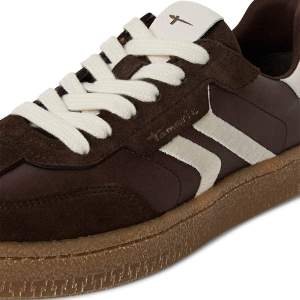 Tamaris women's brown metallic leather lace-up trainers with suede accents and gum sole.