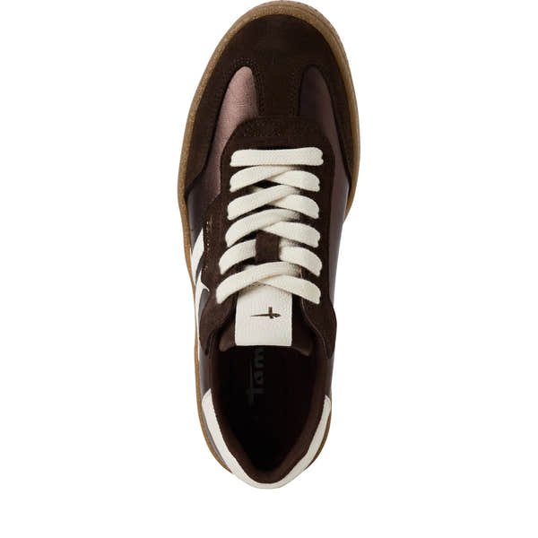 Tamaris ladies brown metallic leather lace-up trainers with white laces and gum sole, stylish casual footwear.