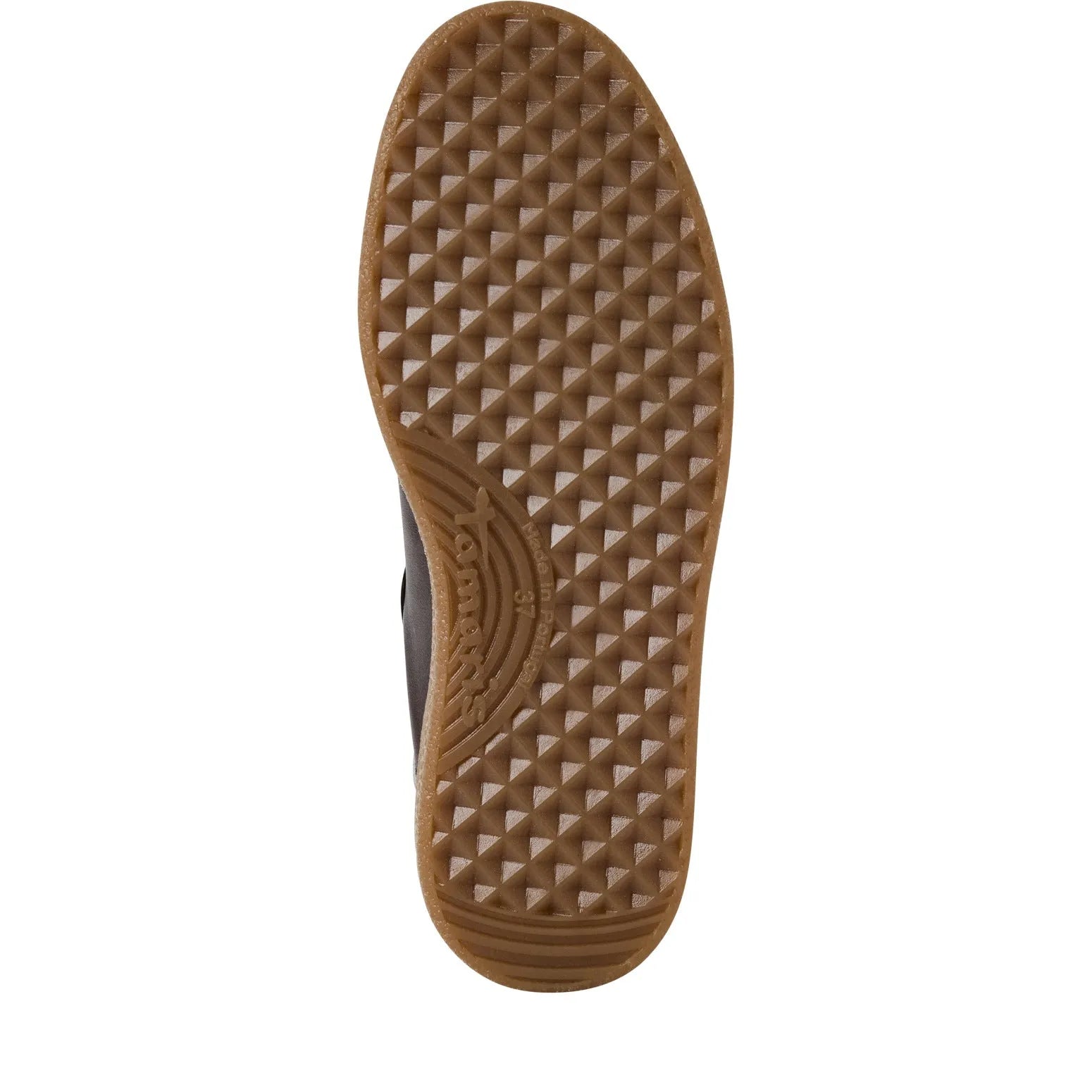 Tamaris ladies brown metallic leather lace-up trainers with textured rubber sole and stylish design.