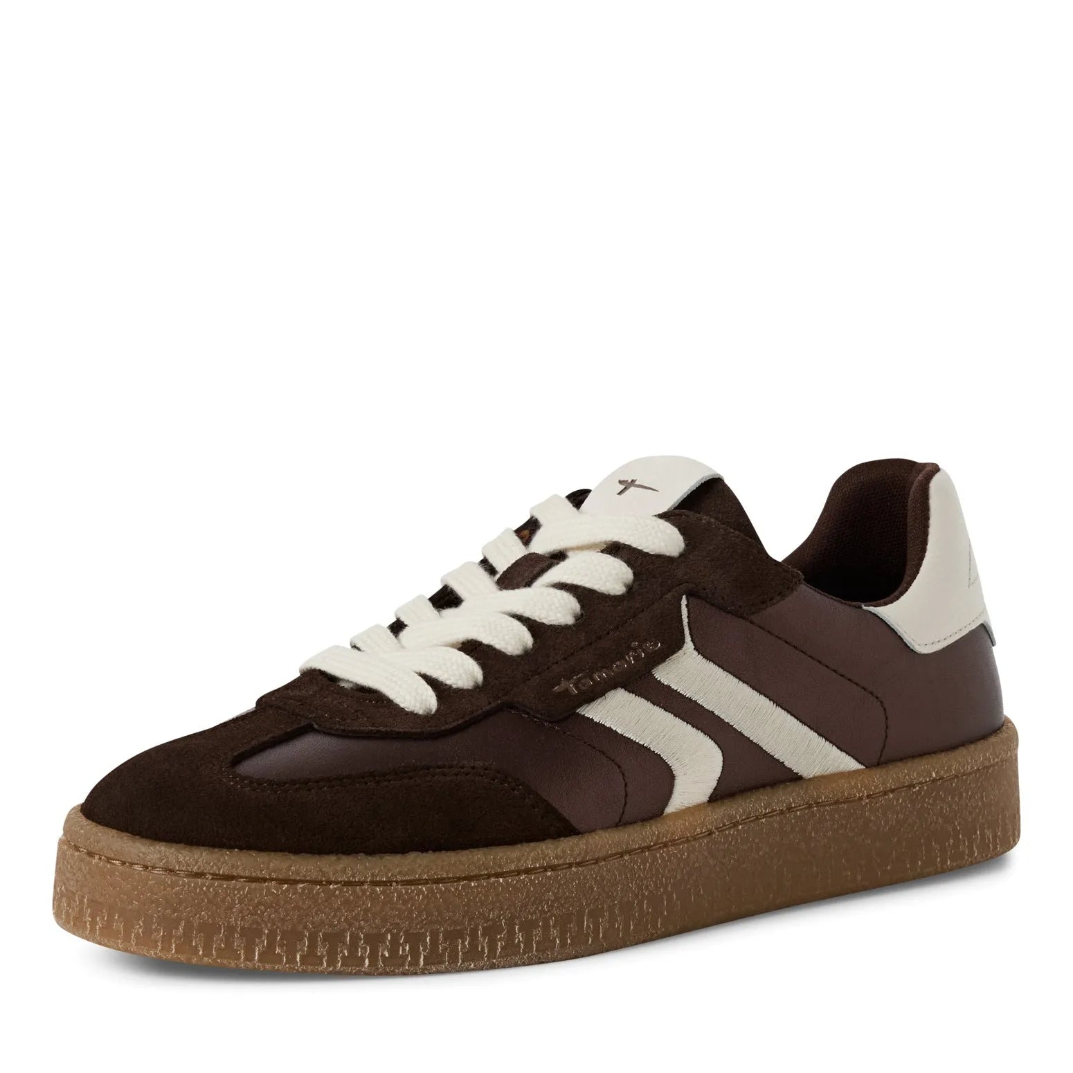 Tamaris Ladies Brown Metallic Leather Lace-Up Trainers with white accents and gum sole.