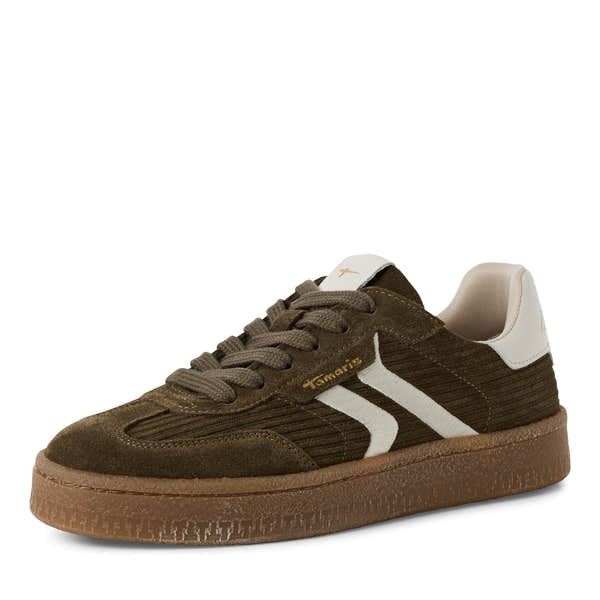 Tamaris women's olive combi leather lace-up trainer, front three-quarter view.