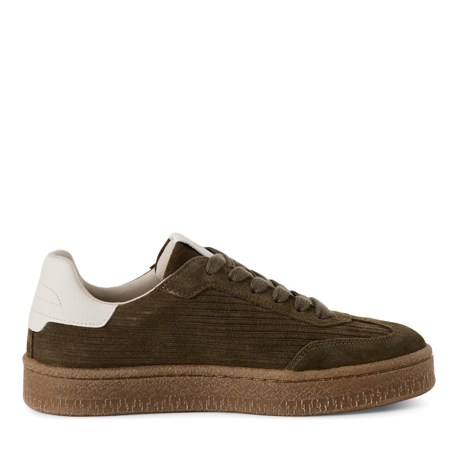 Inner side of the olive Tamaris lace-up trainer showing the lace fastening and layered sole.