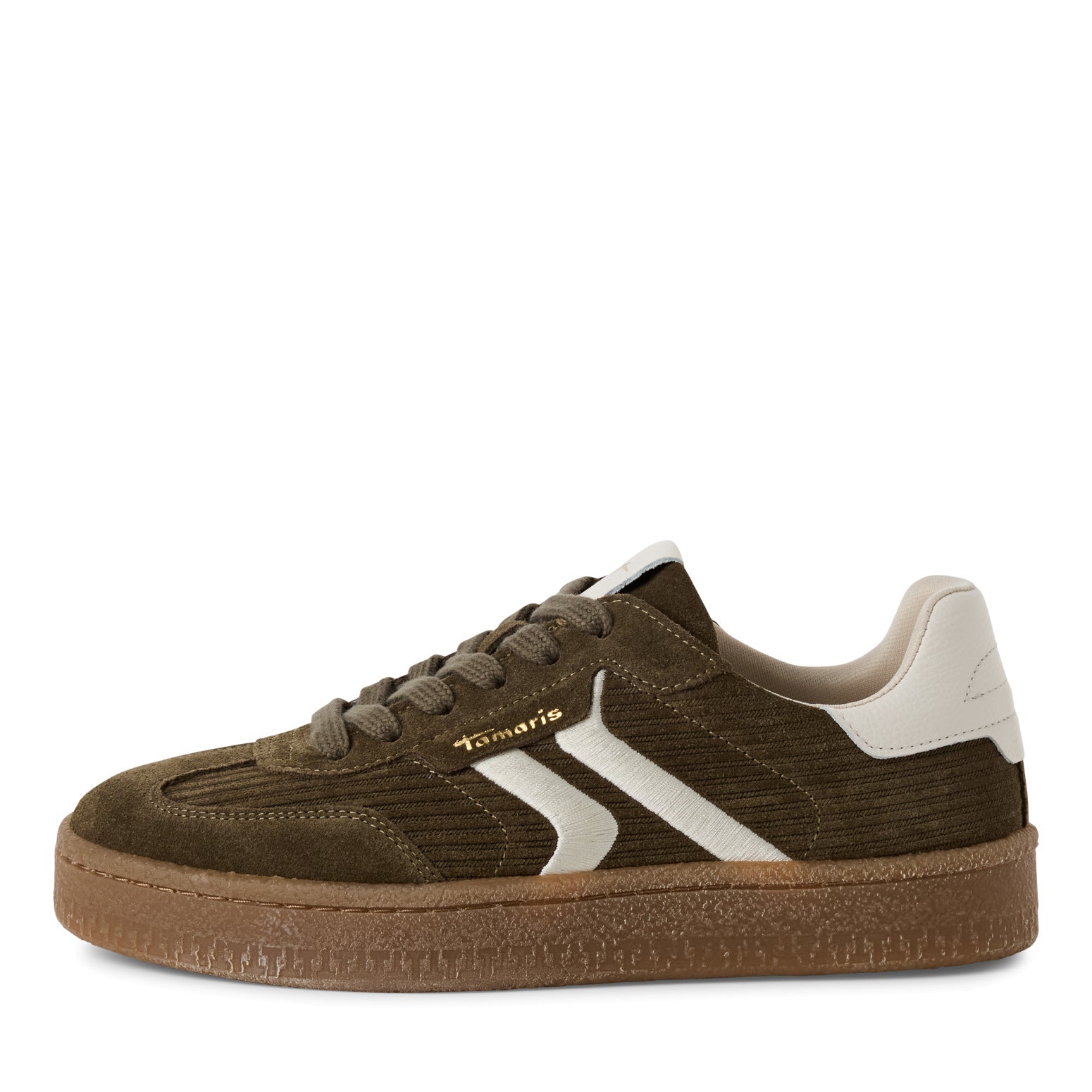 Outer side of the olive Tamaris lace-up trainer showing the mixed leather panels, stitching and sole.