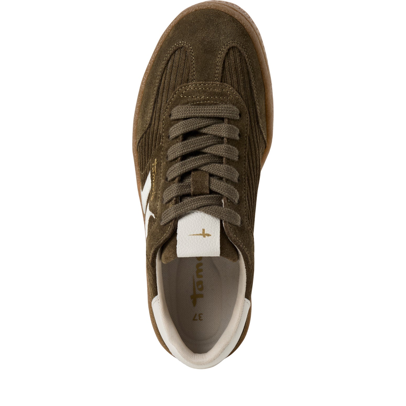 Top view of the olive Tamaris lace-up trainer showing the laces, toe shape and opening.