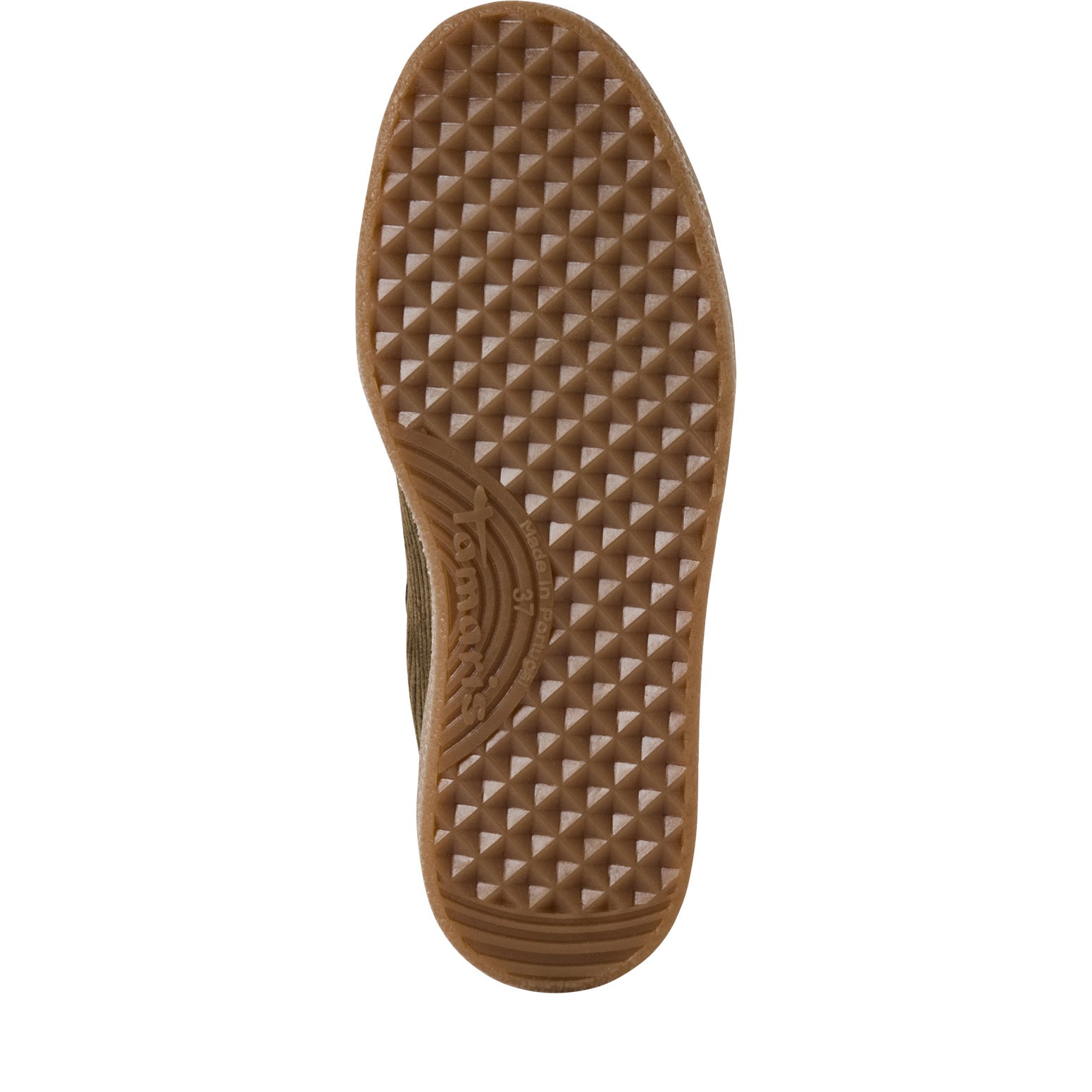 Underside of the olive Tamaris lace-up trainer showing the sole and tread pattern.