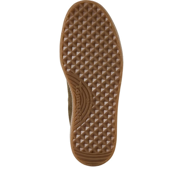 Underside of the olive Tamaris lace-up trainer showing the sole and tread pattern.