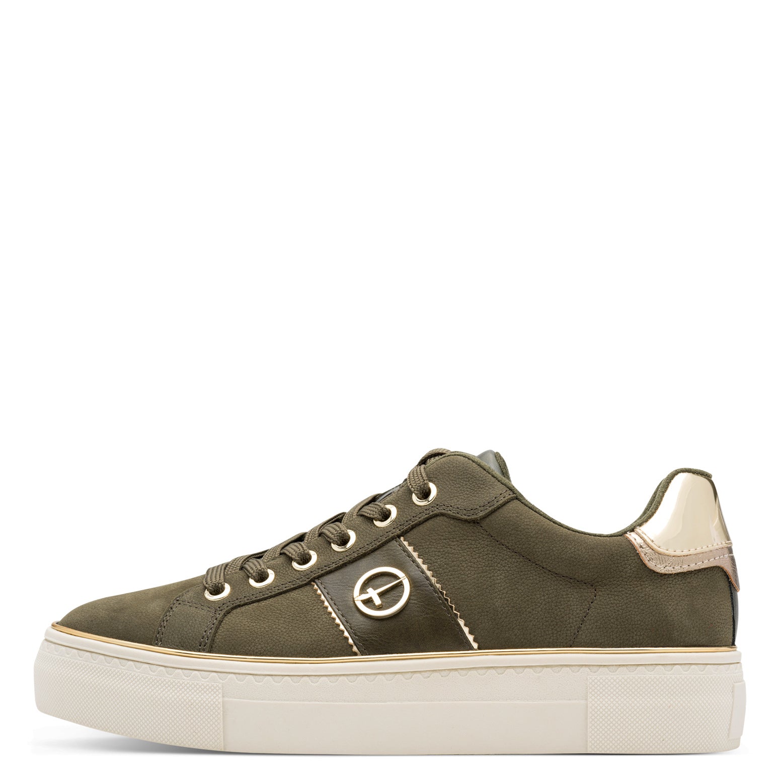 Tamaris Ladies olive nubuck leather lace-up trainers with white chunky sole and metallic heel detail.