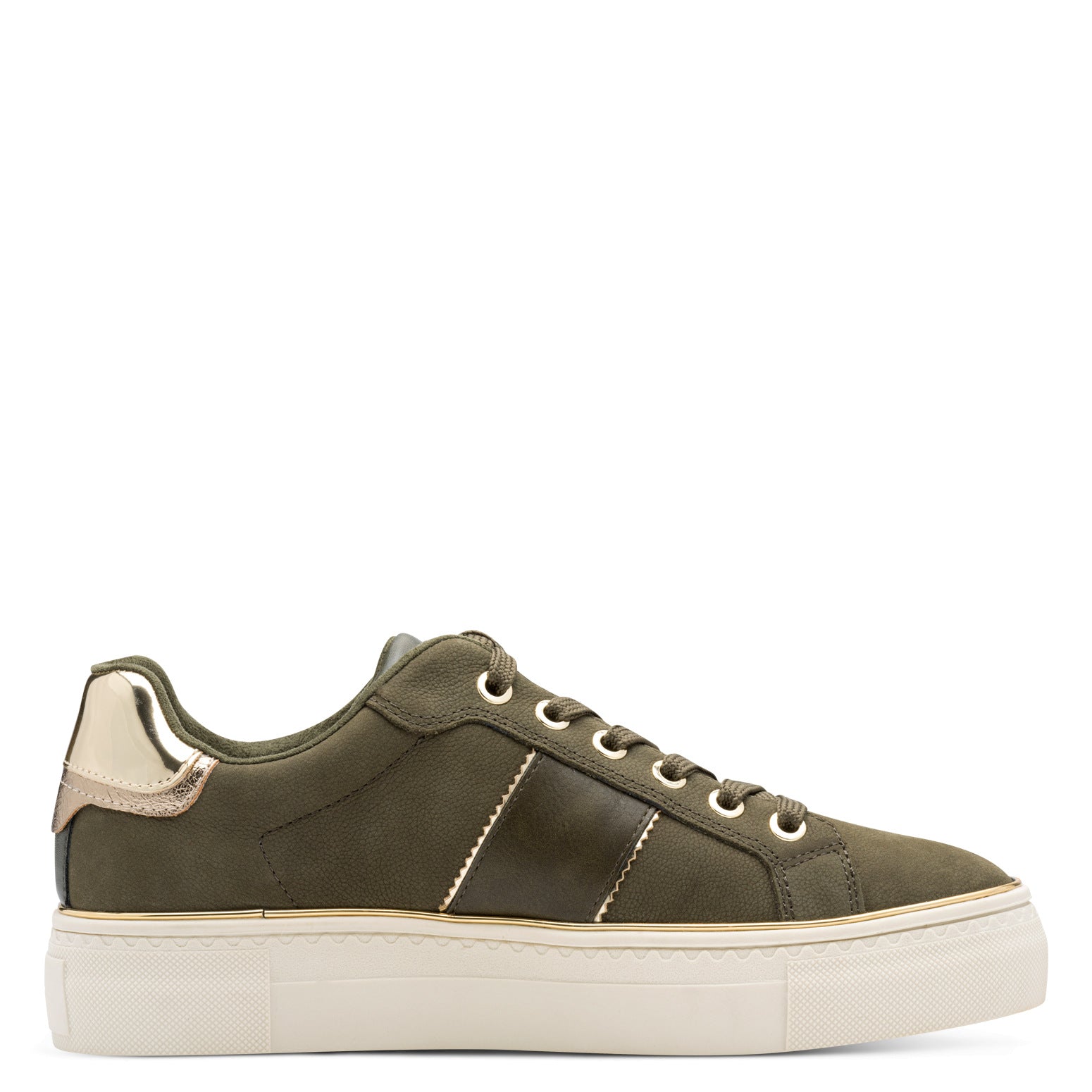 Tamaris Ladies olive Nubuck leather lace-up trainers with white sole and metallic heel detail.