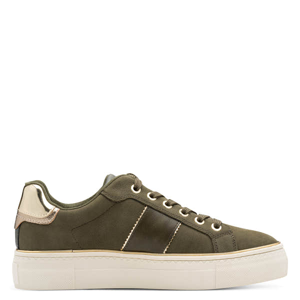 Tamaris Ladies olive Nubuck leather lace-up trainers with white sole and metallic heel detail.