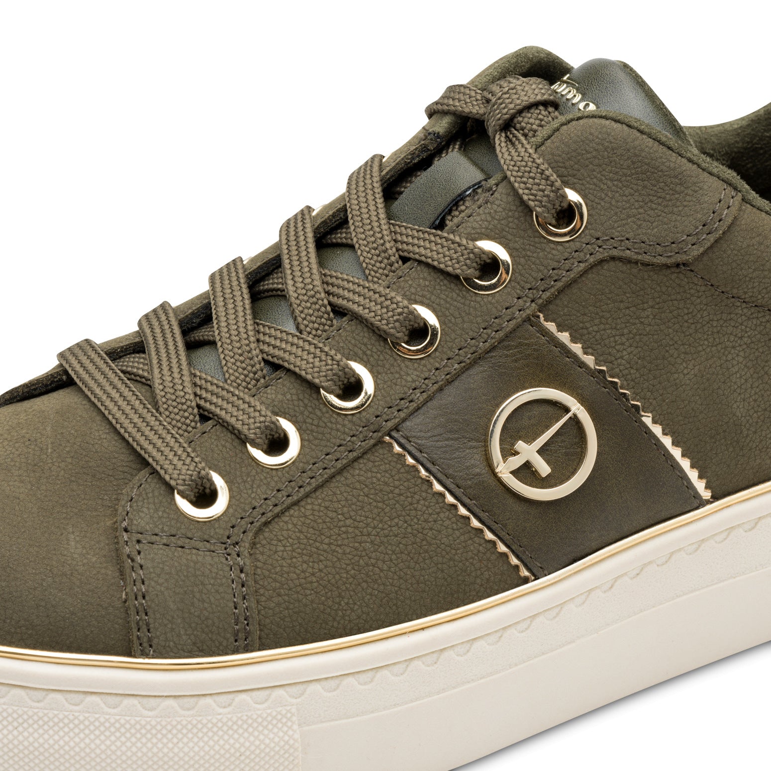 Tamaris ladies olive nubuck leather lace-up trainers with gold accents and white sole outsole.