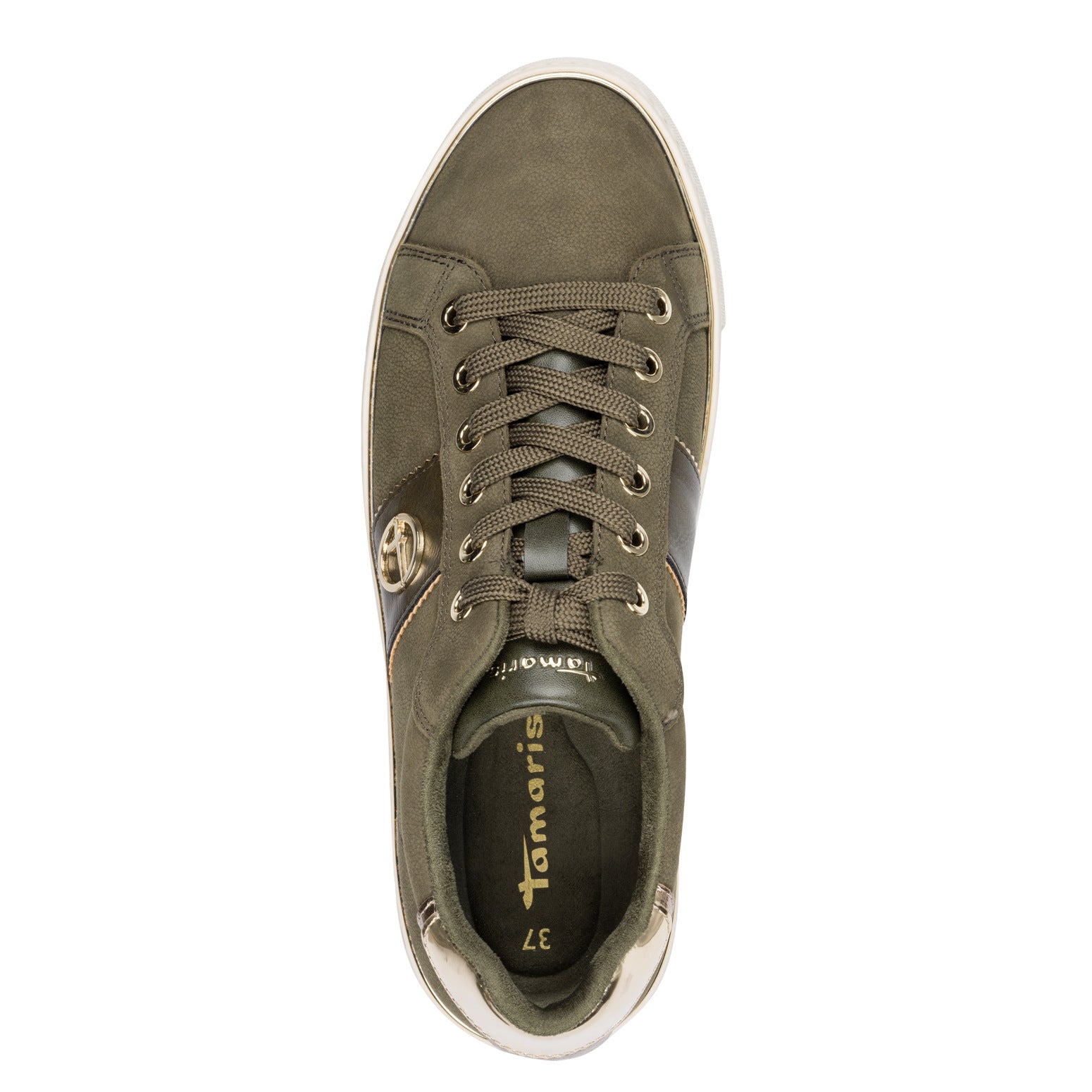 Tamaris women's olive nubuck leather lace-up trainers with white sole and metallic accents, size 37.