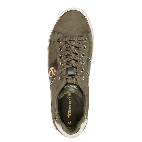 Tamaris women's olive nubuck leather lace-up trainers with white sole and metallic accents, size 37.