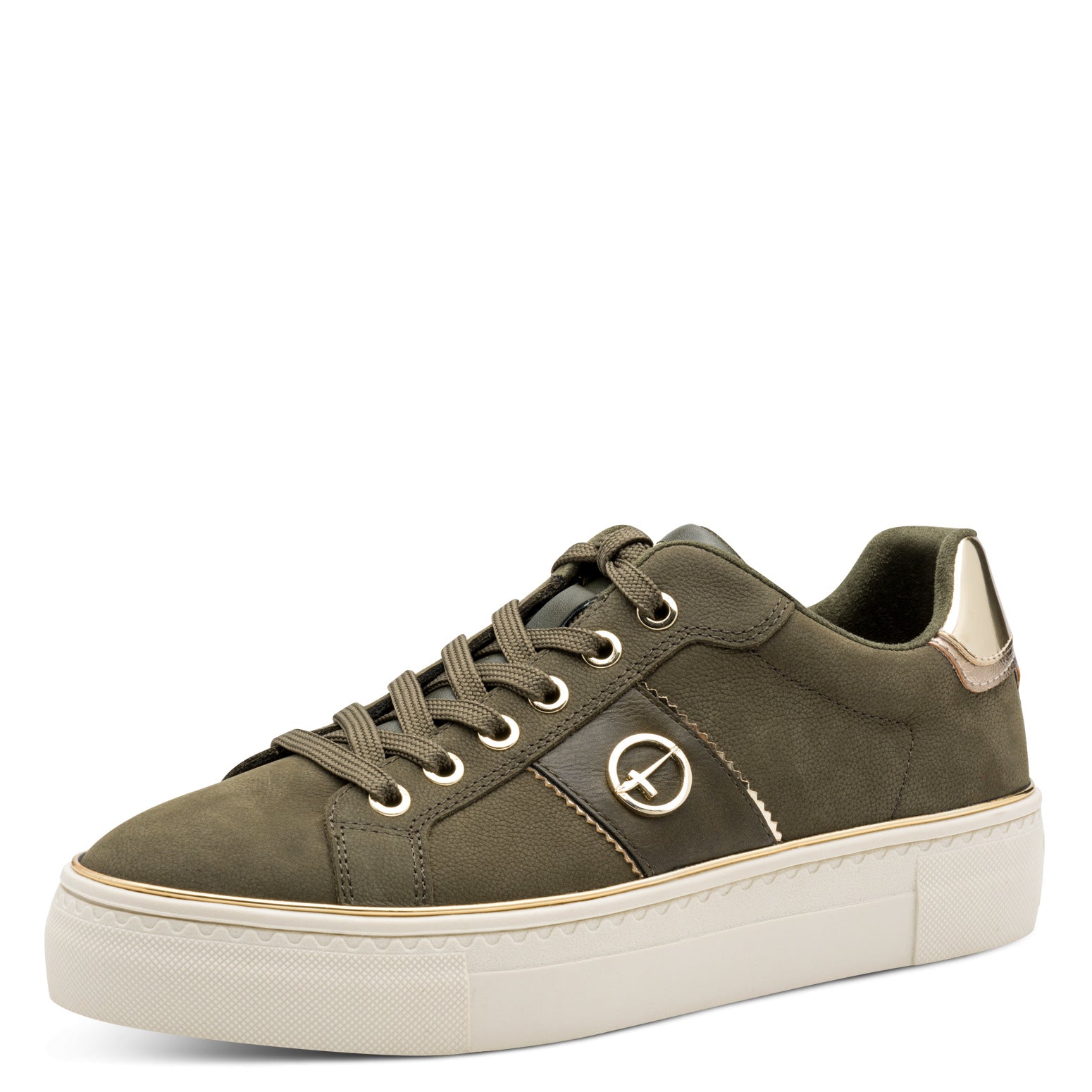 Tamaris women's olive nubuck leather lace-up trainers with white sole and metallic accents.