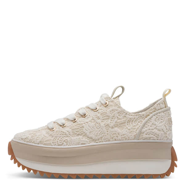 Ladies ivory lace-up shoes with textile upper, platform sole, and chunky rubber outsole, by Tamaris.