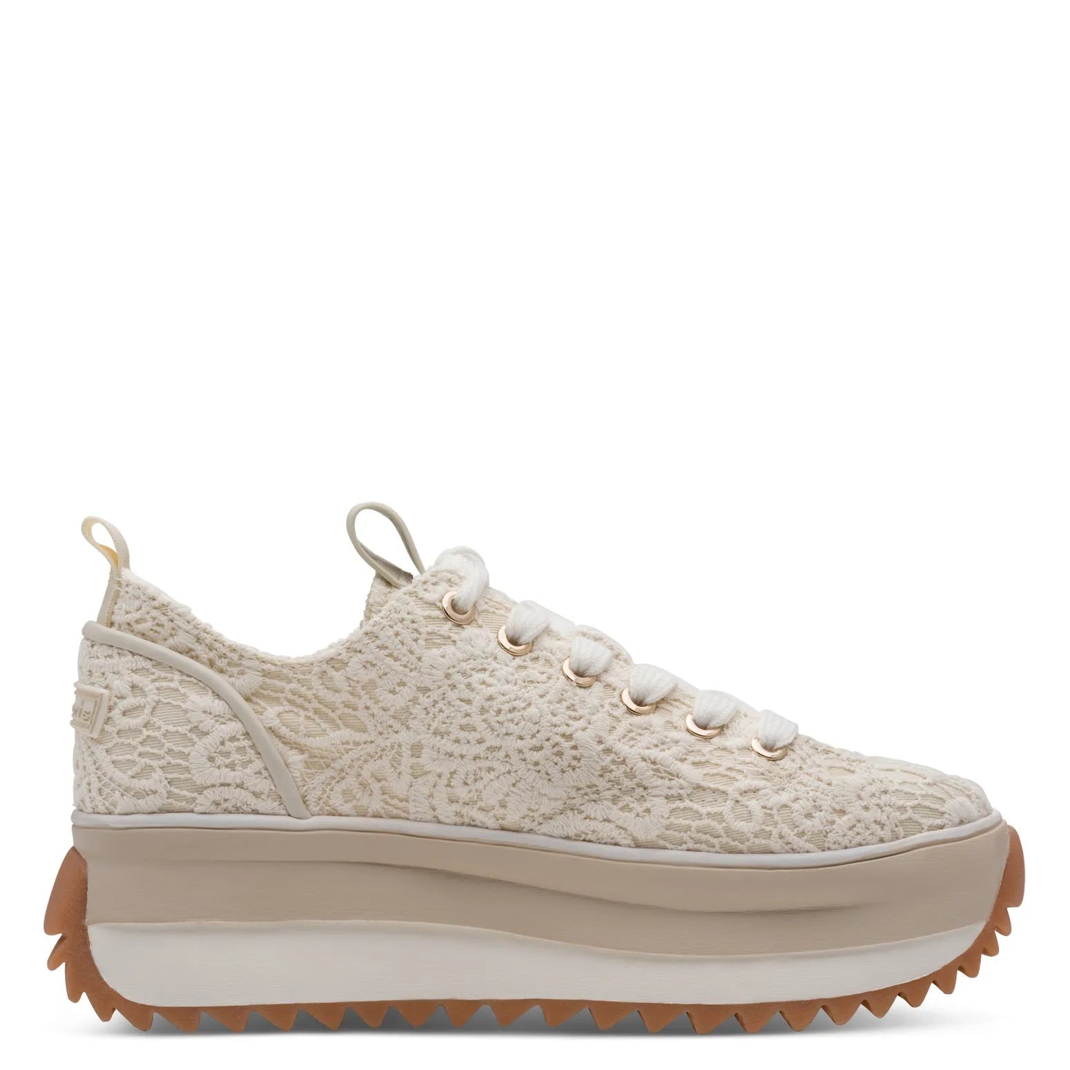 Ivory lace-up textile sneakers with a layered chunky sole and gum outsole, stylish and comfortable for women.