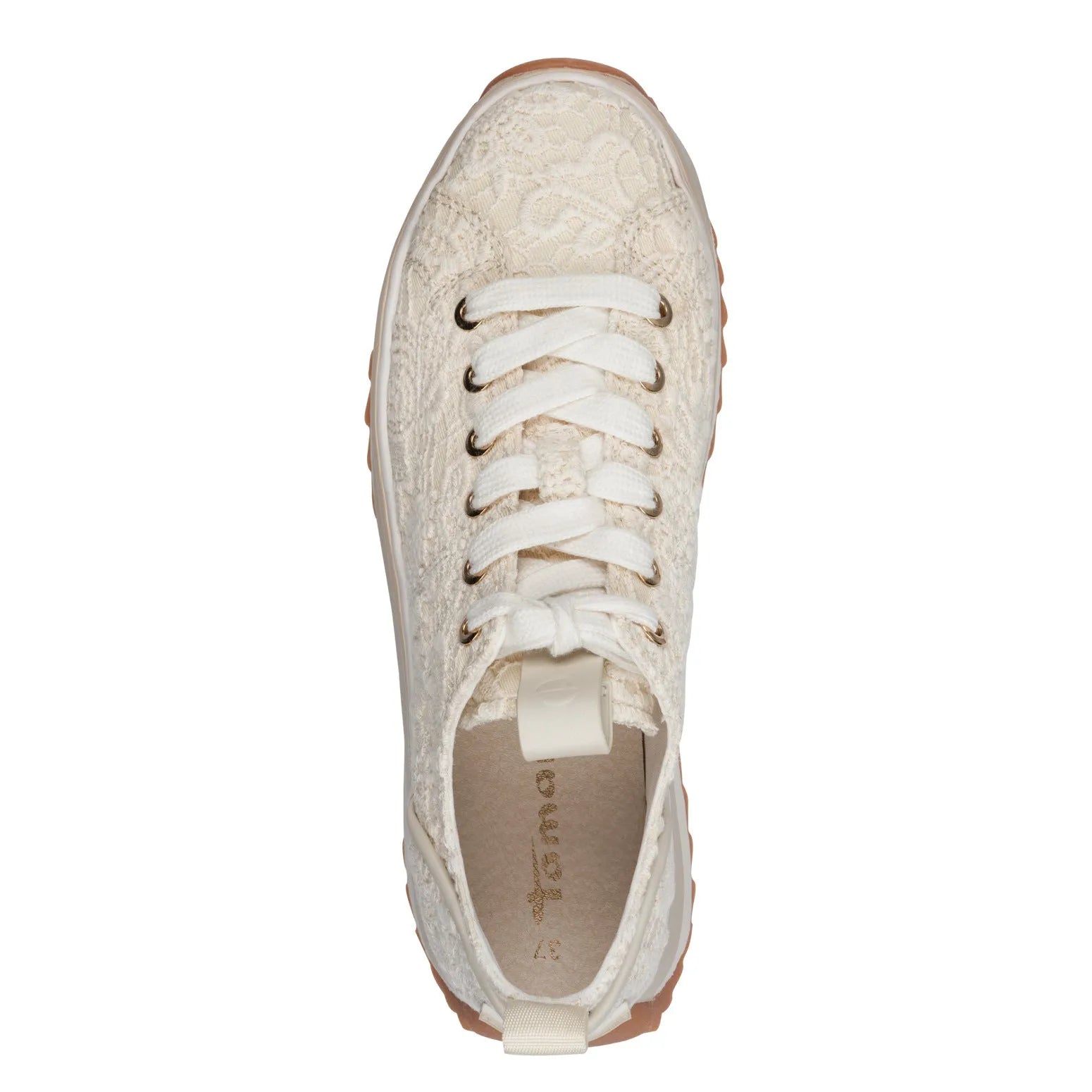 Tamaris ivory textile lace-up sneaker with lace detailing and a tan sole, viewed from top.