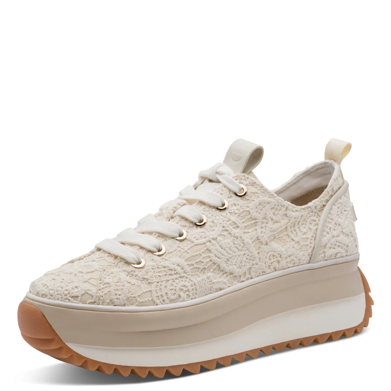 Tamaris ivory lace-up shoe for women with textured lace upper, chunky platform sole, and white laces.